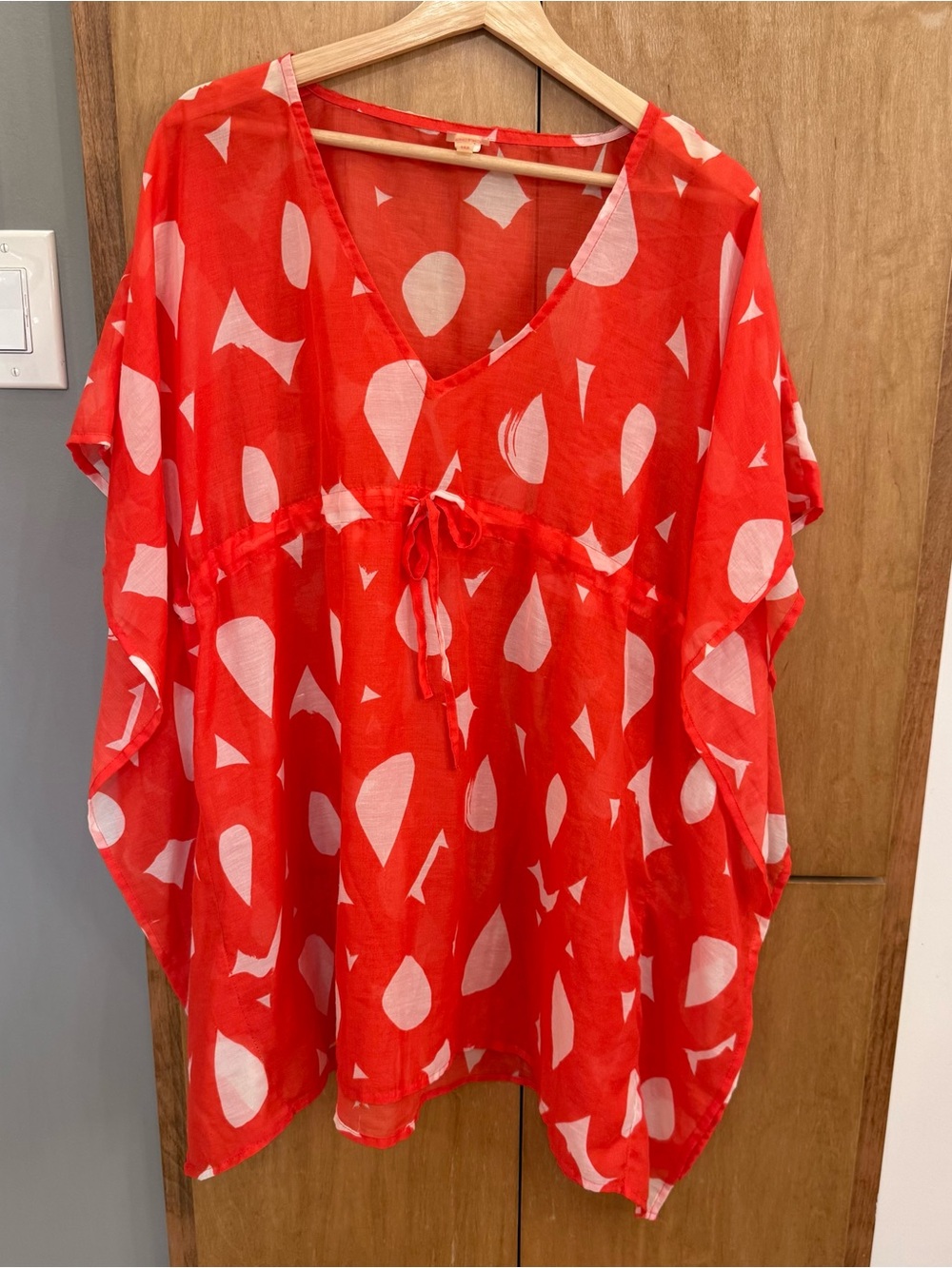 ⛱️Echo - Orange & White Printed V-Neck Drawstring Caftan Swim Coverup - 1 SZ